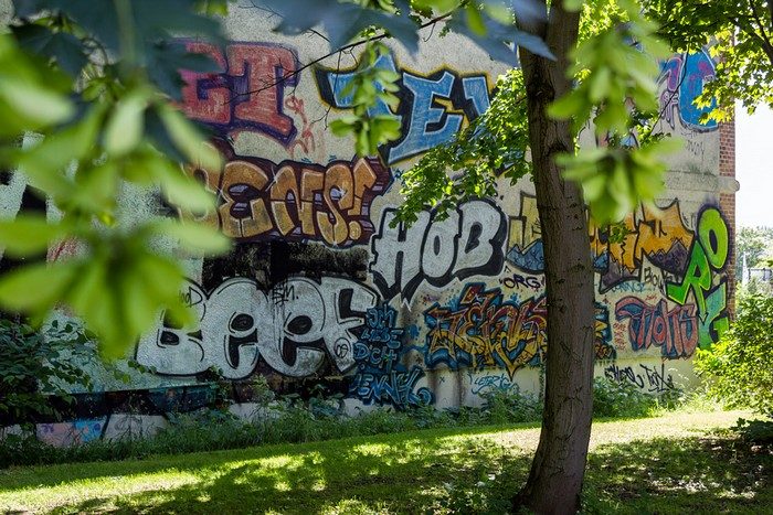 Wolfgang-Heinze-Straße: Graffiti im Park