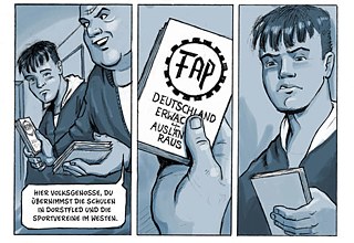 Als Neonazis offen an der Realschule für Rechtsextremismus werben, stellt Nils Oskamp sich ihnen in der Graphic Novel „Drei Steine“ in den Weg – alle anderen schauen weg (ALT)