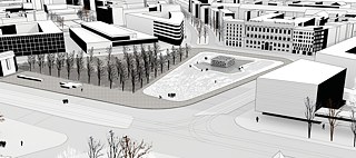 Entwurf für das Leipziger Freiheits- und Einheitsdenkmal, das die Wiederverwendung von Fassadenteilen der Stasi-Zentrale vorschlägt, um daraus ein Zimmer der Demokratie zu errichten. 