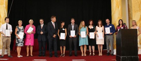 Ambassador Ammon and Education Minister Lewis with 2015 German Teacher Award winners