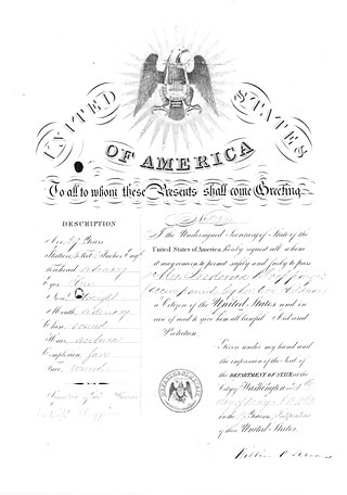 U.S. Passport for Mrs. Frederike Kloeppinger and her two children, 1869. When 29-year-old Mrs. Kloeppinger went home to Germany with her two children to visit her family after her husband’s death, she obtained this passport, issued May 5, 1869 and signed by the Secretary of State, William H. Seward. The document impresses most by its official-looking nature, created by the images, seals, and formal script. This must have been a proud document for the immigrant to show to local officials and family back in Germany. 