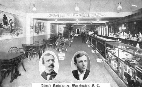 Dietz’s Rathskeller, 511 7th Street NW, n.d. (likely between 1913 and 1918) 'Fine Day, Sir' reads the caption overhead. Doubtless the beer was good and the smoke heavy. Wall decorations and traditional proverbs, common in German restaurants and saloons, adorn the walls.