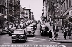 A 1940's traffic jam on Bush Street and Grant.