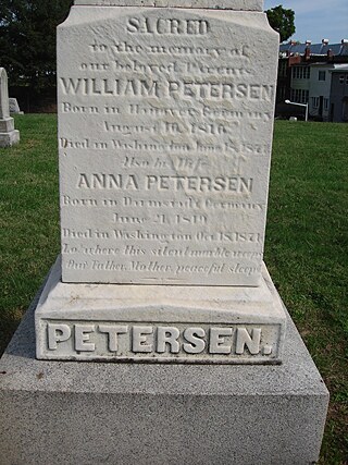 The tombstone of William and Anna Petersen, owners of the Petersen House, is located at Prospect Hill Cemetery. Photo October 2010.
