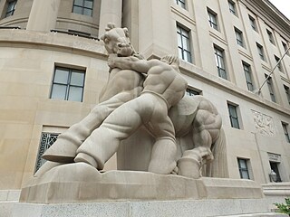 'Man Controlling Trade,' two sculptures of horses restrained by men. Designed in the late 1930's by American artist Michael Lantz (1908-1988) and completed in 1942, this sculpture is located in front of the Federal Trade Commission on 6th Street between Pennsylvania and Constitution Avenues, N.W. (Pennsylvania Avenue side). The stonecutter was Jakob Schwalb, president of the Washington Sängerbund from 1936 to 1937 and 1946 to 1951.
