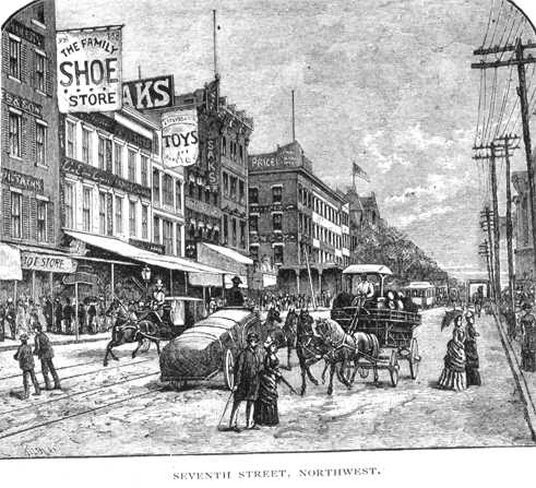 Gravur, 1875. Elegante Damen und Herren scheinen unbeindruckt vom überwältigendem Verkehr in dieser Gravur, signiert von 'Kilburn.' Menschenmassen schwärmen unter den Geschäftsmarkisen, reich geschmückt mit Werbeschildern, während darüber eine Amerikanische Flagge stolz im Wind weht. Diese Einkaufsstraße ist geschäftig, modern, aber zugleich auch elegant und kulitiviert. 