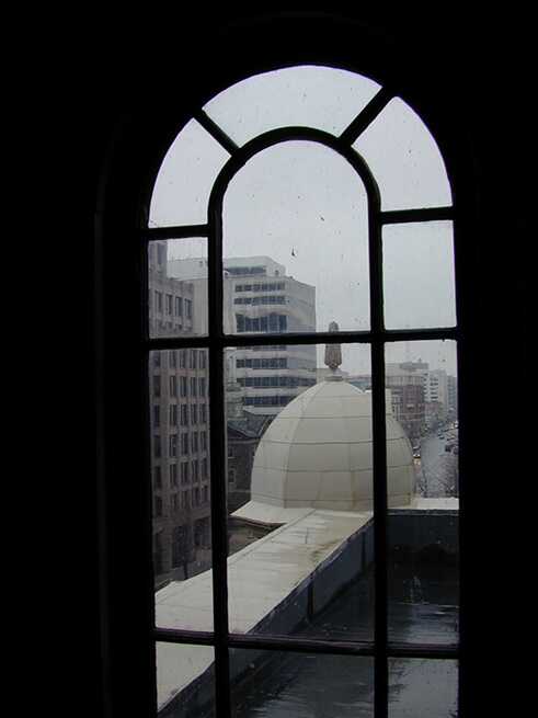 Inside Franklin School: View looking north on 13th Street NW. View northwest towards Alexander Graham Bell's former laboratory at 1325 L St, NW. On June 3, 1880, Bell sent a message from the school to a window in the laboratory building. (2000)