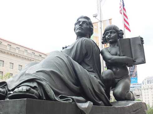 The Justice group (representing Religious Freedom). The inscription on the base reads: 'Our Liberty of Worship Is Not A Concession Nor a Privilege But An Inherent Right.', 2015.