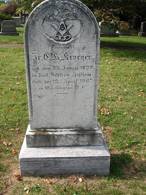 Typical gravestone with information about where people were born. Prospect Hill Cemetery, October 2010.