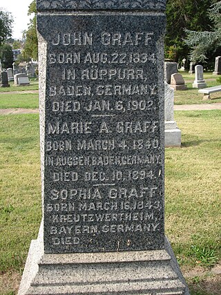 Typical gravestone with information about where people were born. Prospect Hill Cemetery, October 2010.
