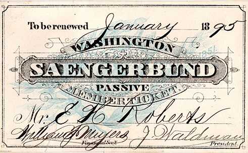 Saengerbund Ticket. Die Elite der Deutsch-Amerikanischen Gemeinschaft in Washington war Mitglied im Saengerbund, der "aktive" und "passive" Sparten anbot. Der Saengerbund war und ist eine lebenslustige, engagierte, kreative und talentierte Gruppe, wie ihre Veranstaltungskalender über die Jahre zeigen.