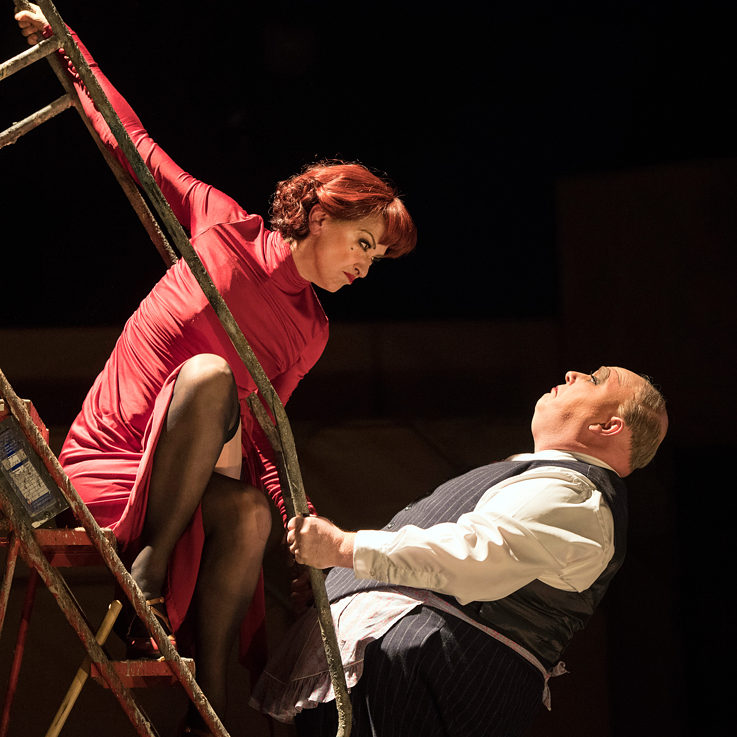 Haydn Gwynne (Mrs Peachum) and Nick Holder (Mr Peachum)