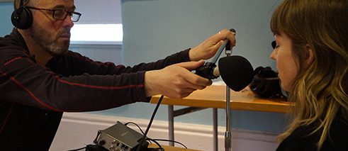 Sound technician Fergus Kelly with Miriam Ryan, who reads the surname "Scott" (Collins Barracks, April 2016)