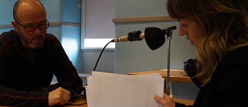 Sound technician Fergus Kelly with Miriam Ryan, who reads the surname “Scott” (Collins Barracks, April 2016)