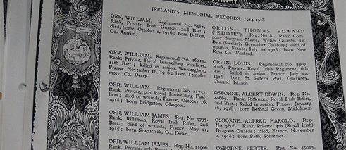 Copied page with surnames starting with an ‚O‘ from Ireland’s Memorial Records