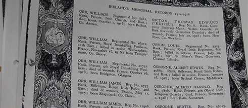 Kopierte Seite mit Nachnamen 'O' aus Ireland's Memorial Records