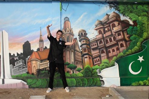 Welcome mural for Karachi's visitors by the German graffiti artist, Sebastian Schmidt.
