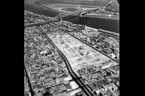 Aerial view of the excavated Radio-Canada, formerly the Faubourg à m’lasse, 1964.