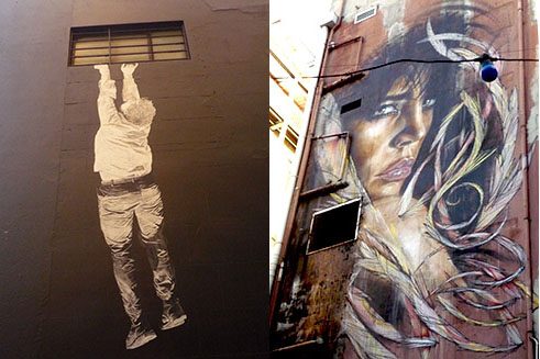 Paste-up by Baby Guerilla (left) and an illegal portrait of a woman 