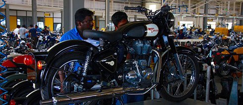 Every three minutes, a brand new Enfield leaves the conveyor belt in the Enfield factory in Chennai.