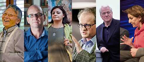 De schrijvers van de bijlage: Galsan Tschinag, Luiz Ruffato, Rasha Omran, Leonidas Donskis, Alexander Kluge en Eva Illouz