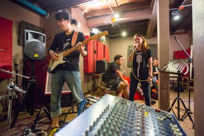 Practising with the band