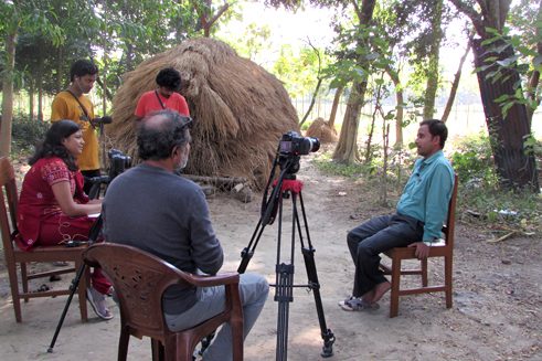 Sukanta Biswas being interviewed by Somwria Nag in his village home in Nadia district in India