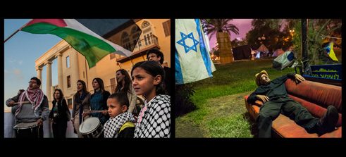 Joseph Zernik, der sich in Tel Aviv in einem Park niedergelassen hat, um für die Einhaltung der Bürgerrechte in Israel zu streiken. Daneben eine Menschenmenge, die in Jaffa für einen unabhängigen Palästinenserstaat demonstriert. 