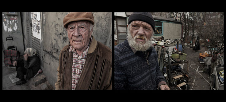 Links ein alter Mann neben einer Bettlerin in Tel Aviv und rechts ein alter Mann vor seiner Hütte in Berlin.