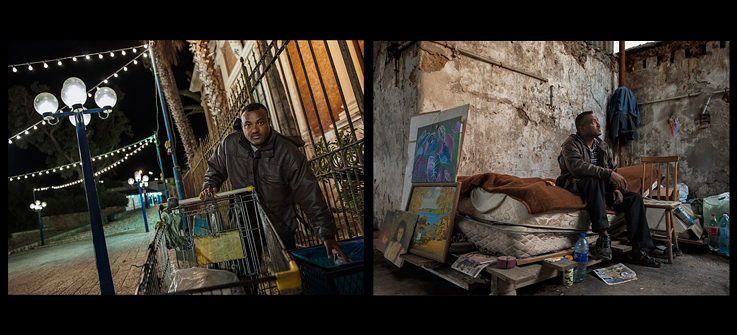 Mike, ein illegaler Einwanderer aus Eritrea, sammelt nachts Flaschen und ruht sich tagsüber in seinem Unterschlupf in Jaffa aus.