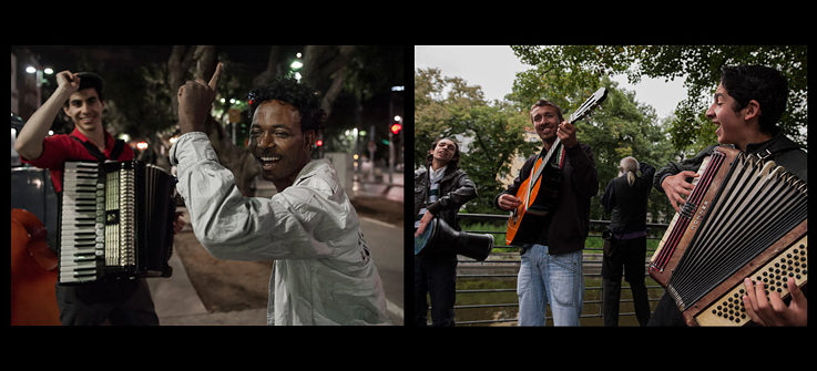 Links eine Gruppe Roma am Maybachufer in Berlin. Daneben ein Klezmermusiker und ein erfreuter Zuhörer auf dem Rothschild Boulevard in Tel Aviv. 