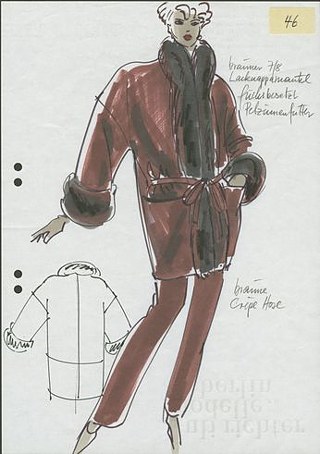 Hans-Jürgen Kammer: Zeichnung eines braunen, pelzbesetzten Lackledermantels mit Bluse und brauner Hose, 1986 