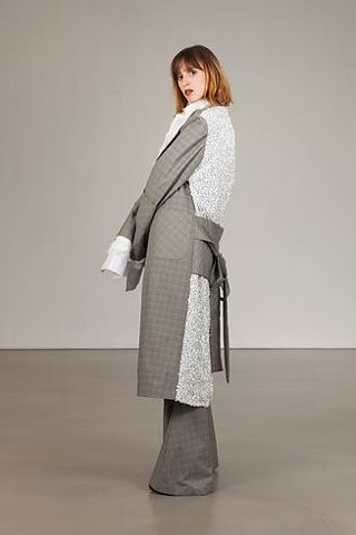 William Fan: Coat and trousers in Prince of Wales check with suit jacket and blouse in material mix, 2016, courtesy William Fan