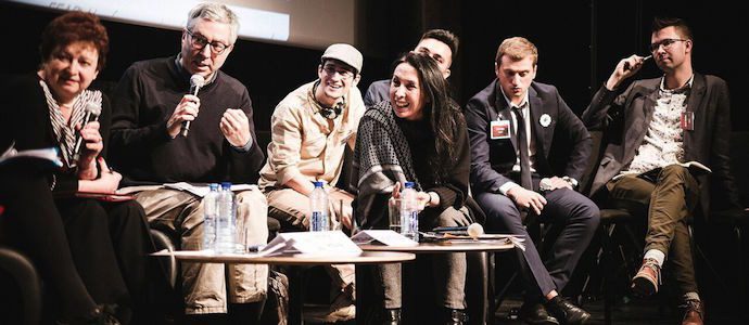 Vladimira Dvorakova, Didier Eribon und Shermin Langhoff mit Studenten