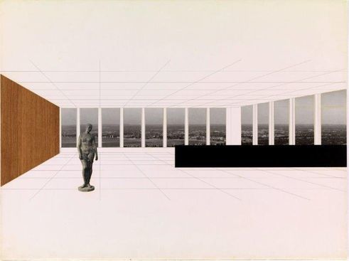 Mies van der Rohe, Ludwig (1886-1969) | Georg Schaefer Museum Project, Schweinfurt, Germany, Interior perspective with view of site, 1960-1963. New York, Museum of Modern Art (MoMA) Mies van der Rohe Archive. 