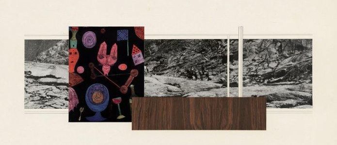 Collage van een zwart-wit foto, een kleurig borduurwerk en een rechthoek van hout met twee verticale staven