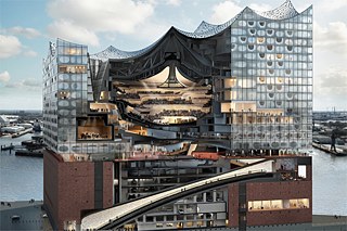 This cross-section image shows the inside of he Elbe Philharmonic Hall.