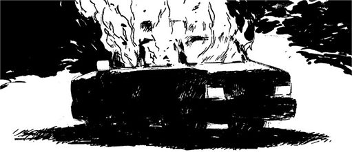 Voiture brûlante (dessin en noir et blanc)