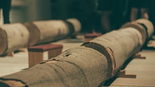 „Buch mit sieben Siegeln“: Über Lautsprecher, die als Buchenstamm-Stücke inszeniert wurden, sind Texte zum Thema Buch zu hören. 