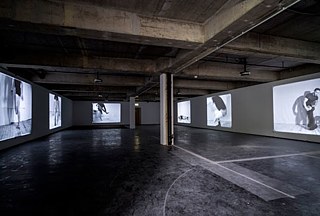 "Realism" (Realismus) von Artur Żmijewski (Polen). Installation mit Videos, vorgeführt in der Neuen Neue Galerie (Neue Hauptpost), Kassel. 