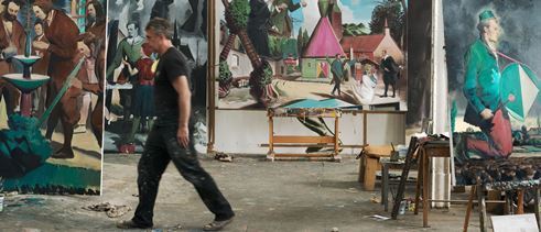 Neo Rauch, film still: the artist Neo Rauch walks through his studio