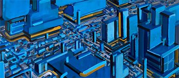 Werk van de kunstenaar Philipp Gloger: Futuristische gebouwen in blauw vanuit vogelperspectief