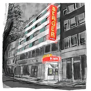 Le Berger Kino à Francfort : Destinés aussi aux enfants et familles, parfois en version originale et souvent avec un focus sur le film allemand – avec le panneau lumineux dans la Berger Straße.