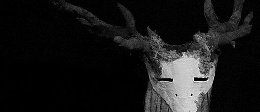 Photographie noir et blanc d'une masque aux cornes