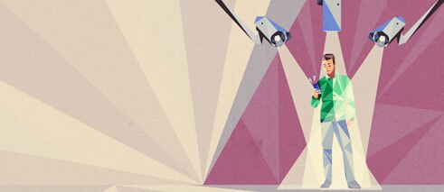 Illustration: Mann mit Handy wird ausspioniert