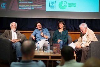 João Barrento, Helena Topa, Madalena Alfaia e Fernando Martinho no lançamento da antologia em Lisboa; 26.10.2017