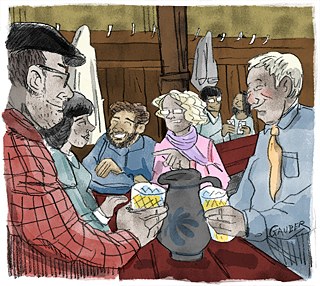 Francfort est le berceau de la démocratie en Allemagne. Dans les bars à cidre il est coutume depuis toujours que les classes différentes se partagent les bancs pour manger ensemble. 