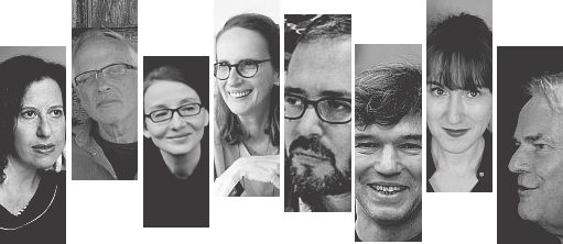  Autoren (Zuschnitte, v.l.n.r.): Avivit Mishmari, Igal Sarna, Emma Braslavsky © Stefan Klüter, Ilana Bernstein, Boaz Lavie,Michael Wildenhain © Marijan Murat, Nora Bossong © Hassiepen_2015, Peter Schneider© Wikimedia Commons