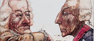 Voltaire und Friedrich II. als Karikatur dargestellt