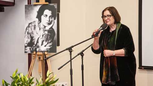 Curator and director of Memorial International Irina Shcherbakova opens the exhibition.
